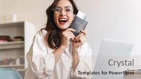  Presentation with cheerful - PPT theme having attractive-cheerful-young-brunette-businesswoman background and a soft green colored foreground