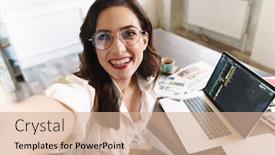  Presentation with cheerful - Amazing theme having attractive-cheerful-young-brunette-businesswoman backdrop and a coral colored foreground