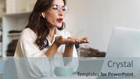  Presentation with laptop wireless - PPT layouts featuring attractive-cheerful-young-brunette-businesswoman background and a light gray colored foreground