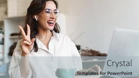  Presentation with laptop wireless - Cool new slides with attractive-cheerful-young-brunette-businesswoman backdrop and a light gray colored foreground