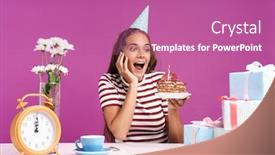  Presentation with pink birthday - Slide set featuring attractive cheerful young girl sitting at the desk with a birthday cake isolated over pink background celebrating background and a coral colored foreground