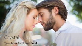  Presentation with couple kiss - Presentation enhanced with attractive couple about to kiss each other on a sunny day in the city background and a coral colored foreground