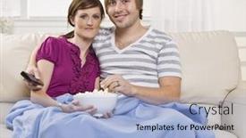  Presentation with coach - PPT theme with attractive couple eating popcorn on the coach with blanket and holding a remote horizontal background and a light blue colored foreground