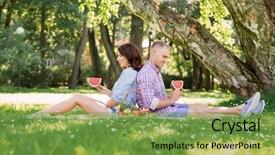  Presentation with picnic - Beautiful slide deck featuring attractive couple having a romantic picnic in the park backdrop and a seafoam green colored foreground