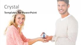  Presentation with white house - Colorful presentation theme enhanced with attractive couple holding miniature house model on white background backdrop and a white colored foreground
