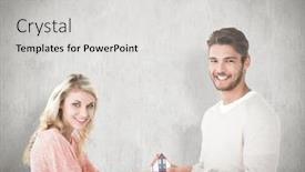  Presentation with white house - Presentation design enhanced with attractive couple holding miniature house model against white background background and a light gray colored foreground