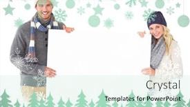  Presentation with green fashion - Slide deck featuring attractive couple in winter fashion showing poster against snowflakes and fir trees in green background and a soft green colored foreground