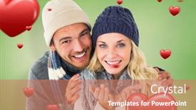  Presentation with green fashion - Theme consisting of attractive couple in winter fashion smiling at camera against green vignette background and a coral colored foreground