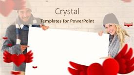  Presentation with poster - Beautiful presentation featuring attractive couple in winter fashion showing poster against white wall backdrop and a lemonade colored foreground