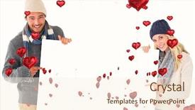  Presentation with poster - PPT theme featuring attractive couple in winter fashion showing poster against red heart balloons floating background and a cream colored foreground