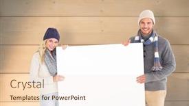  Presentation with bleached - PPT theme enhanced with attractive couple in winter fashion showing poster against bleached wooden planks background background and a lemonade colored foreground