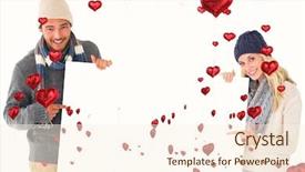  Presentation with fashion - Amazing PPT layouts having attractive couple in winter fashion showing poster against red heart balloons floating backdrop and a cream colored foreground