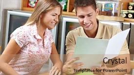 Presentation with restaurant menu - Cool new presentation theme with attractive couple looking at menu backdrop and a coral colored foreground