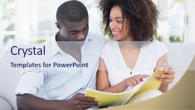  Presentation with album - Cool new theme with attractive couple relaxing on couch together looking at photo album at home in the living room backdrop and a sky blue colored foreground