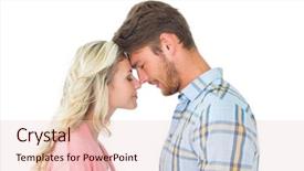  Presentation with heads - Slides having attractive couple standing touching heads on white background background and a lemonade colored foreground