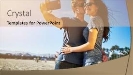 Presentation with flare - Beautiful slide deck featuring attractive couple taking selfie under the intense sun on the beach together with lens flare and shot with selective focus backdrop and a coral colored foreground
