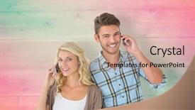  Presentation with pink green - Audience pleasing presentation design consisting of attractive couple talking on their smartphones against pink and green planks backdrop and a coral colored foreground
