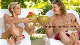  Presentation with toasting - Beautiful slide deck featuring attractive couple toasting with coconut exotic vacations backdrop and a coral colored foreground
