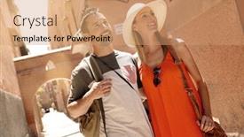  Presentation with walking - PPT layouts having attractive-couple-walking-through-streets background and a coral colored foreground