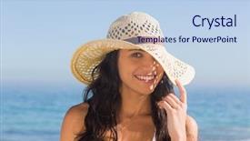  Presentation with straw - Cool new PPT layouts with attractive dark haired woman with straw hat posing on the beach backdrop and a light blue colored foreground