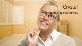  Presentation with boxes - Slide deck having attractive daydreaming woman holding pencil background and a  colored foreground