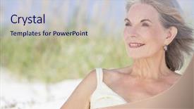  Presentation with classy - Amazing slide set having attractive elegant classy senior woman in a yellow sun dress sitting on a white sand beach with grass and a blue sky behind her backdrop and a lemonade colored foreground