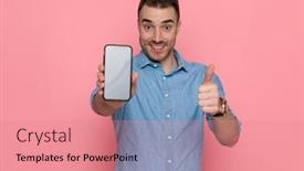  Presentation with showing world map for shipping - Colorful PPT theme enhanced with attractive-excited-casual-man-showing backdrop and a coral colored foreground