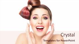  Presentation with haircut - PPT layouts having attractive excited woman with a bow haircut and colorful make-up on isolated background background and a lemonade colored foreground