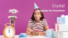  Presentation with pink birthday - PPT layouts with attractive excited young girl sitting at the desk with a birthday cake isolated over pink background celebrating blowing candle background and a coral colored foreground