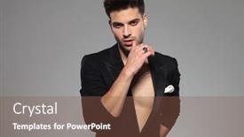  Presentation with black man fashion - Presentation design with attractive fashion man wearing black tuxedo standing and touching chin seductive on gray studio background background and a tawny brown colored foreground