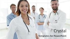  Presentation with medical error gavel and stethoscope - Theme featuring attractive female doctor with medical background and a light gray colored foreground