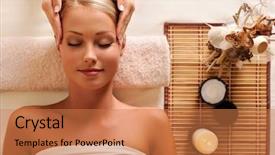  Presentation with portrait of excited overjoyed female - Cool new PPT theme with attractive female getting recreation massage backdrop and a coral colored foreground