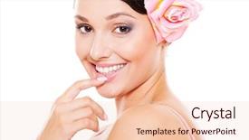  Presentation with white rose - Colorful theme enhanced with attractive flower - portrait of pretty smiley model backdrop and a  colored foreground