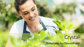  Presentation with flower woman - Presentation theme featuring attractive flower - pretty young woman gardening background and a yellow colored foreground