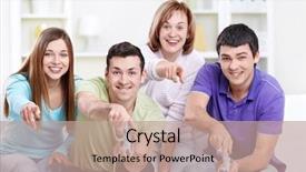  Presentation with play - Slide set featuring attractive friends play video games background and a coral colored foreground