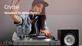  Presentation with peace - Presentation design featuring female dj making a peace sign against a gray wall background and a coral colored foreground