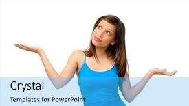  Presentation with administrative options - Presentation design with attractive girl compares two options background and a cyan colored foreground