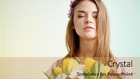  Presentation with smell - Audience pleasing PPT theme consisting of attractive girl enjoying smell of spring flowers backdrop and a yellow colored foreground