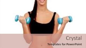  Presentation with lifting weights - Amazing slide set having attractive girl lifting weights sitting on a ball isolated on white background backdrop and a coral colored foreground