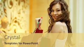  Presentation with coloured - Presentation theme enhanced with attractive girl looks and smiles through a shoulder holding in hands multi-coloured bags with purchases background and a yellow colored foreground