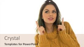  Presentation with attention - Audience pleasing presentation design consisting of attractive girl wearing a warm gold coloured pull-over pointing above her head with both hands towards blank copyspace as she looks up to draw your attention isolated on white backdrop and a gold colored foreground