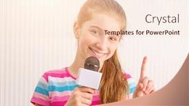  Presentation with forefinger - Presentation design consisting of attractive girl with microphone showing forefinger background and a lemonade colored foreground