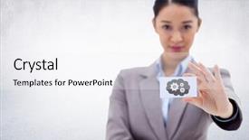  Presentation with business card - PPT theme consisting of attractive greeting cards - business woman holding out card background and a white colored foreground