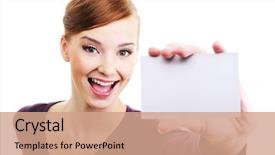  Presentation with business card - Beautiful presentation theme featuring attractive greeting cards - fun and laughing beautiful female backdrop and a coral colored foreground