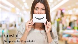  Presentation with blank - Audience pleasing PPT theme consisting of attractive greeting cards - young woman holding a blank backdrop and a coral colored foreground