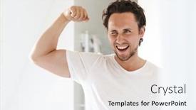  Presentation with flexing - Cool new slide deck with attractive-happy-confident-young-man backdrop and a sky blue colored foreground