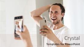  Presentation with happy sad face man - Presentation design consisting of attractive-happy-confident-young-man background and a soft green colored foreground