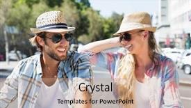  Presentation with happy life - Audience pleasing presentation theme consisting of attractive happy couple wearing sunglasses backdrop and a coral colored foreground