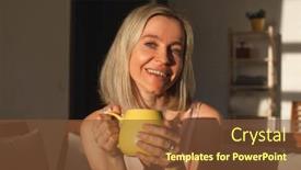  Presentation with tea coffee - PPT theme having attractive-happy-middle-aged-woman background and a tawny brown colored foreground