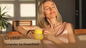  Presentation with tea coffee - Presentation theme enhanced with attractive-happy-middle-aged-woman background and a coral colored foreground